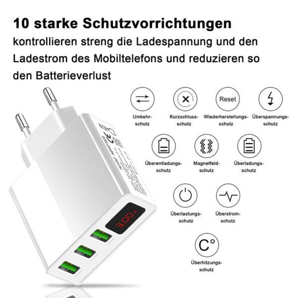 Multi USB Port Ladegerät 3-fach 5 V, 3 A m. LED Display, EU Netzteil weiß Eaxus – Bild 3