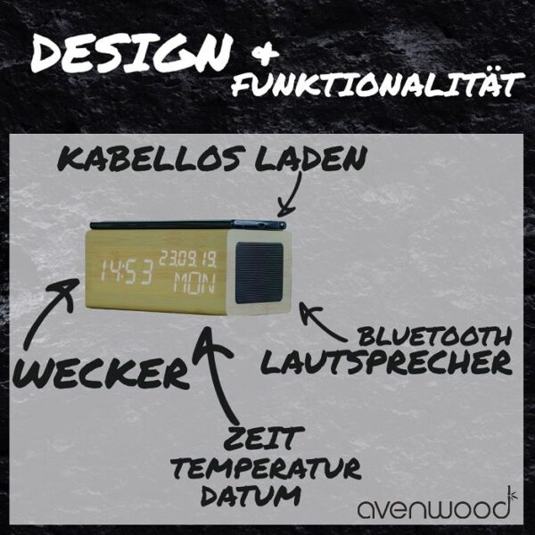 Stylische Holz Wecker mit induktiv Ladegeräte & Lautsprecher von Avenwood – Bild 2