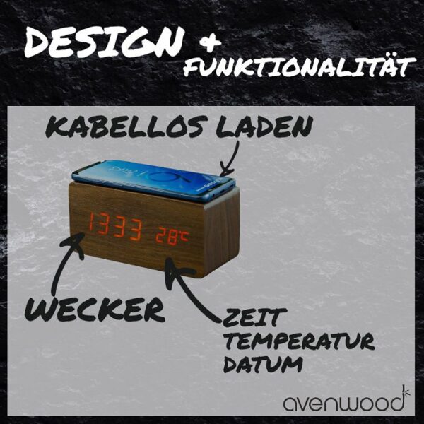 Stylische Holz Wecker mit induktiv Ladegeräte & Lautsprecher von Avenwood – Bild 11