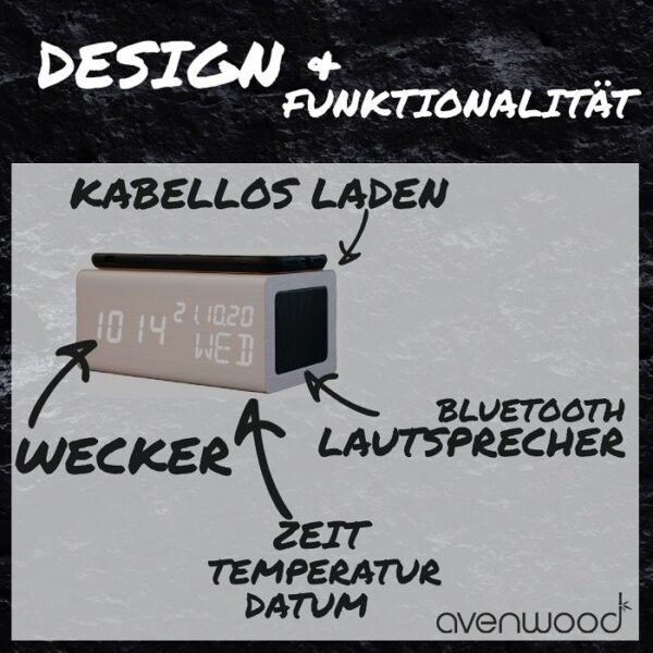 Stylische Holz Wecker mit induktiv Ladegeräte & Lautsprecher von Avenwood – Bild 10