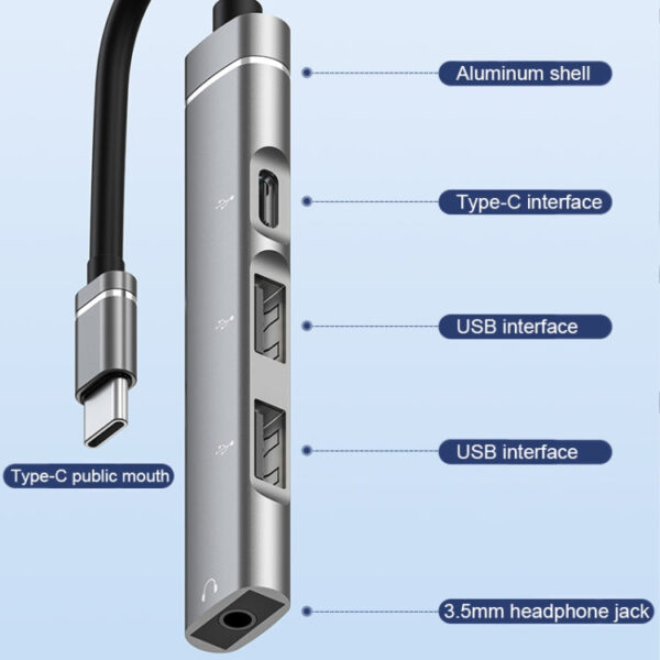 USB-C / Type-C auf 3,5 mm + 2USB + Type-C HUB-Dockingstation (Grau) – Bild 3