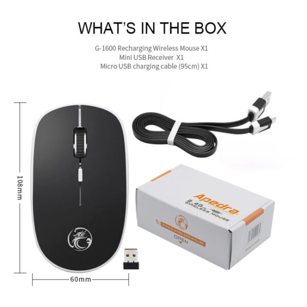 G-1600 4-Tasten 1600 DPI Mini-USB-Aufladung 2.4G Wireless Silent Mouse (Schwarz) – Bild 4