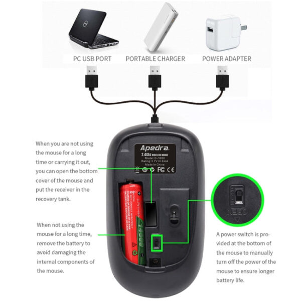 G-1600 4-Tasten 1600 DPI Mini-USB-Aufladung 2.4G Wireless Silent Mouse (Schwarz) – Bild 5